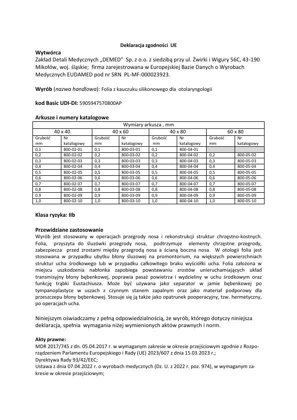 deklaracja zgodności dla produktu: Folia z kauczuku silikonowego dla otolaryngologii